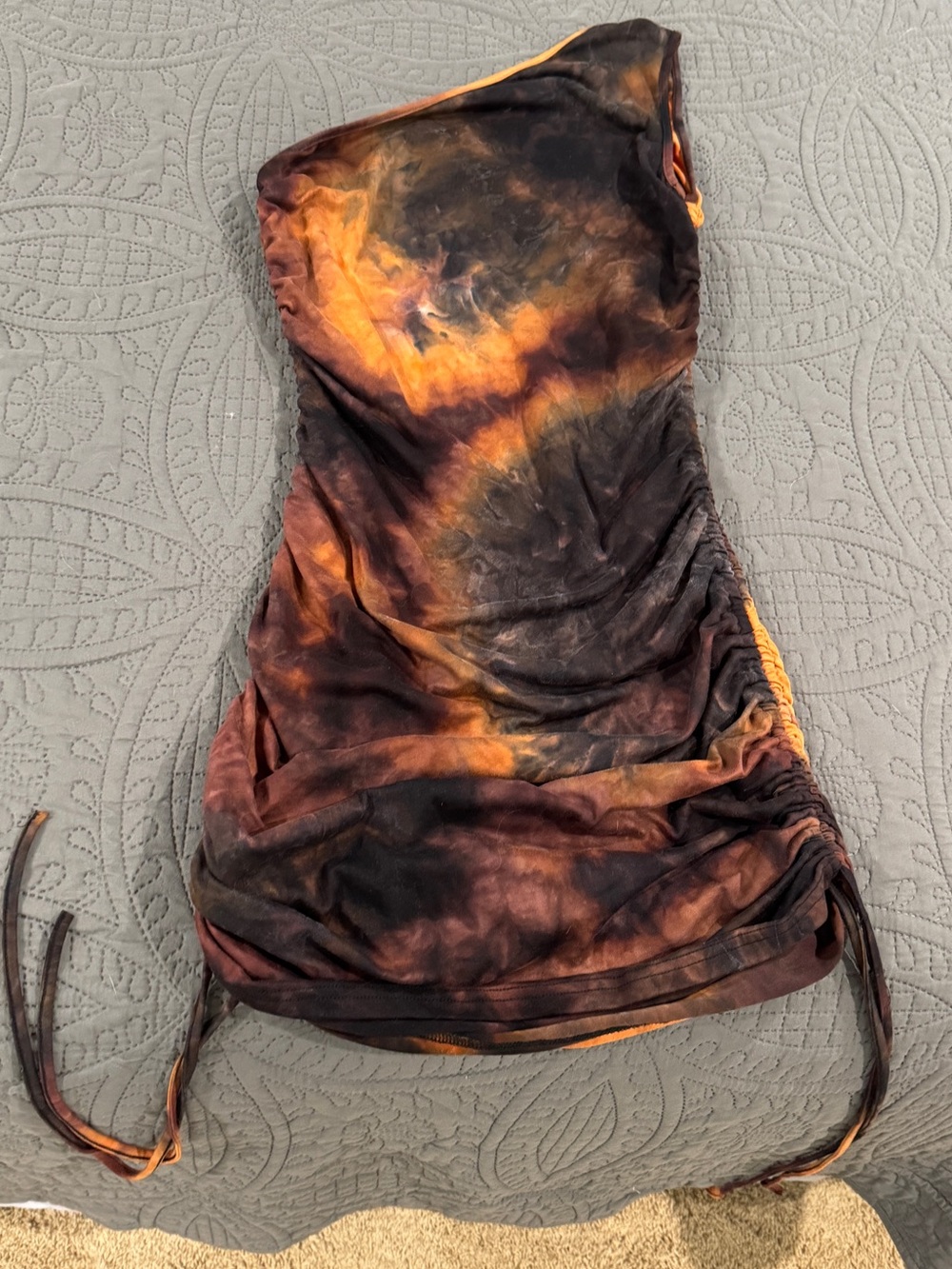 Tie-Dye One Shoulder Ruched Mini Dress in Burnt Orange & Black
